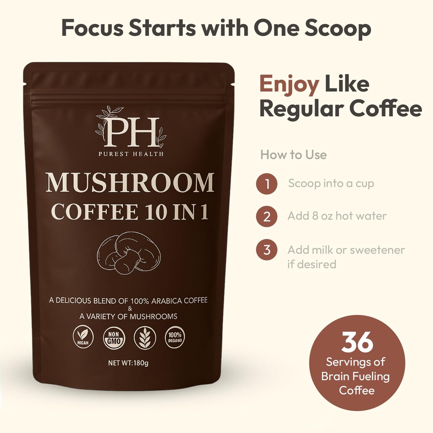 Purest Health Mushroom Coffee - 10 mushroom in 1 Advanced Blend