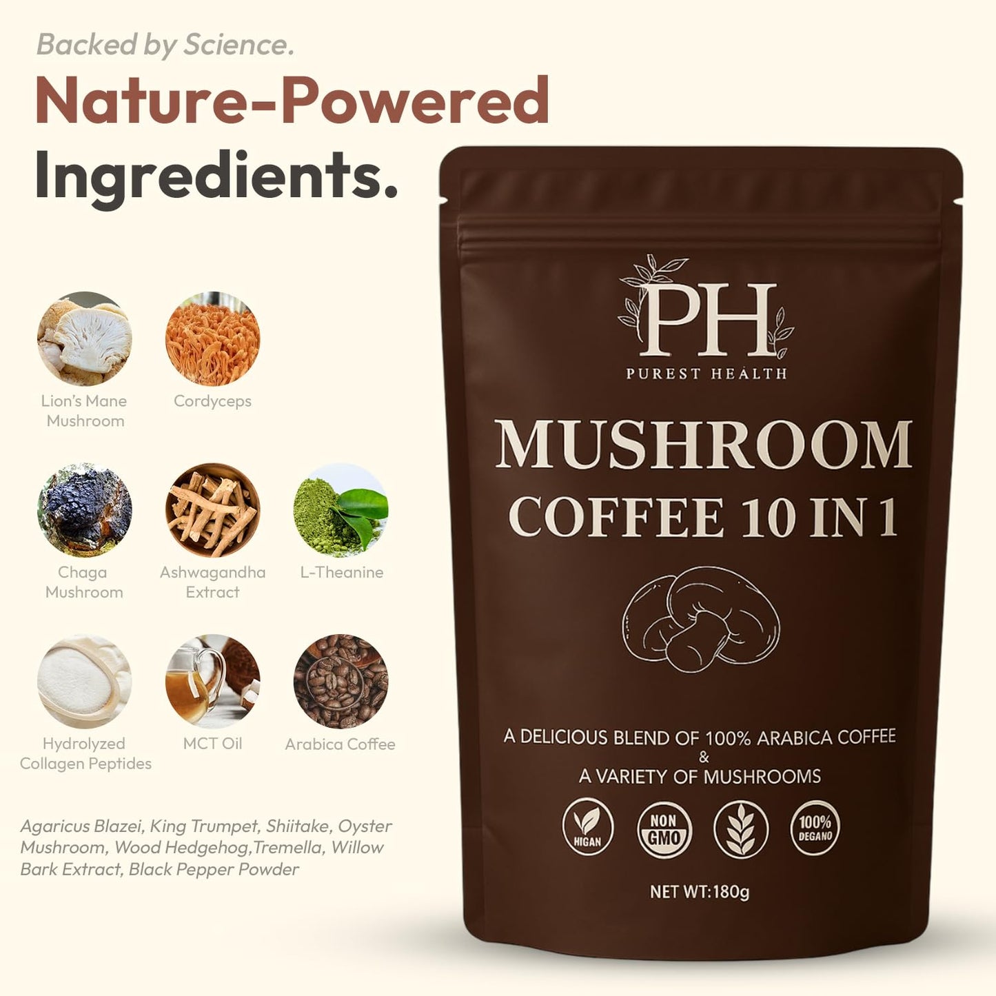 Purest Health Mushroom Coffee - 10 mushroom in 1 Advanced Blend