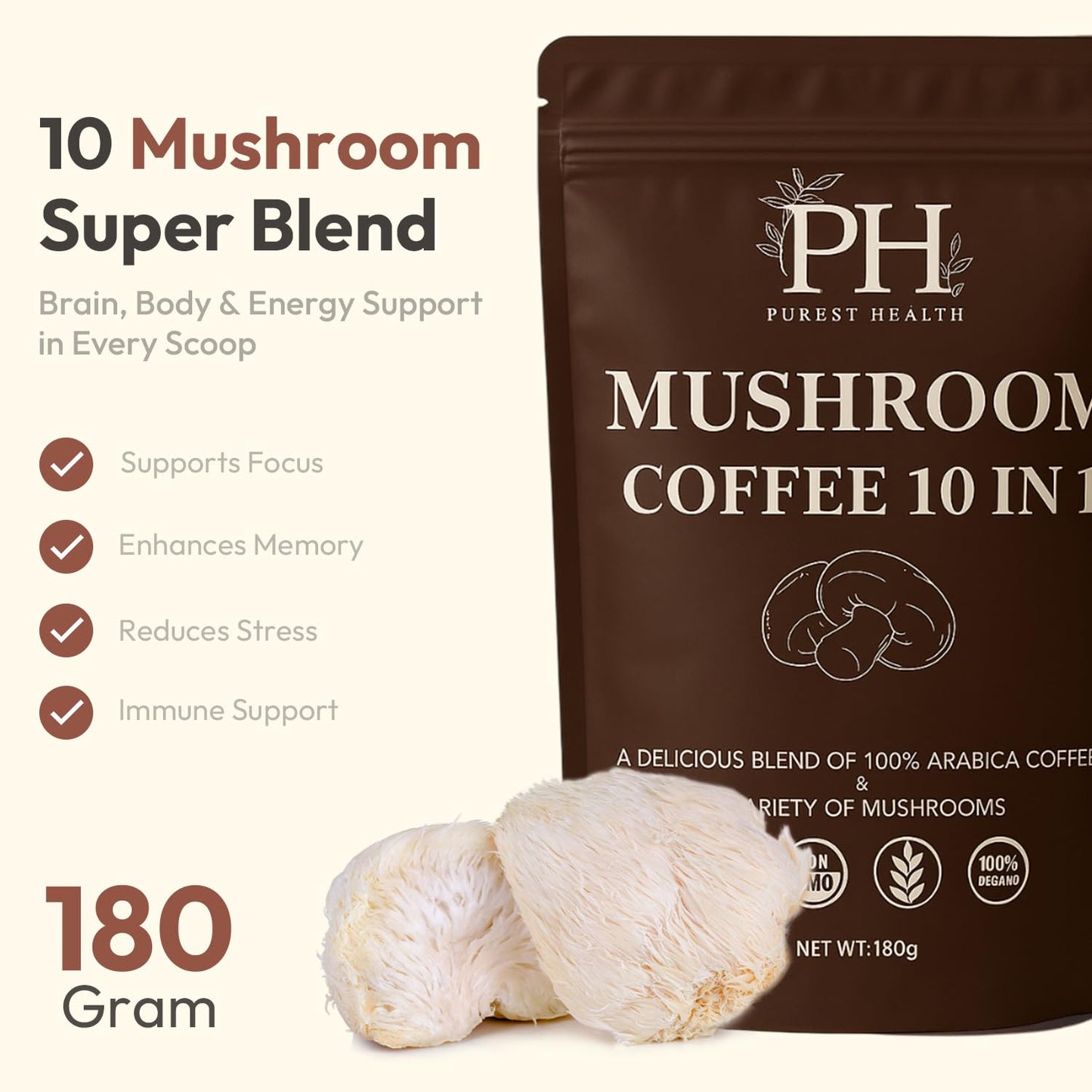 Purest Health Mushroom Coffee - 10 mushroom in 1 Advanced Blend