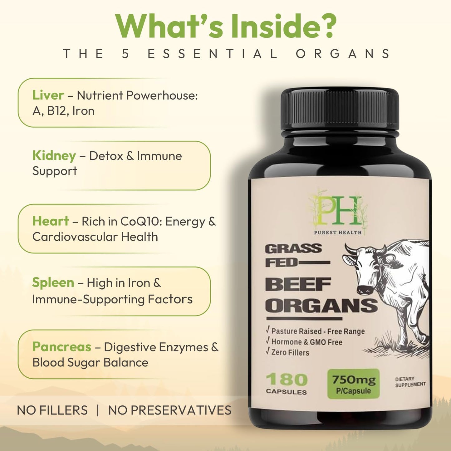 Purest Health Grass Fed Beef Organs - 180 Capsules