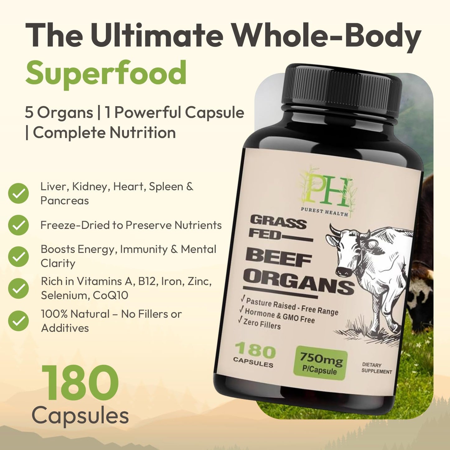 Purest Health Grass Fed Beef Organs - 180 Capsules