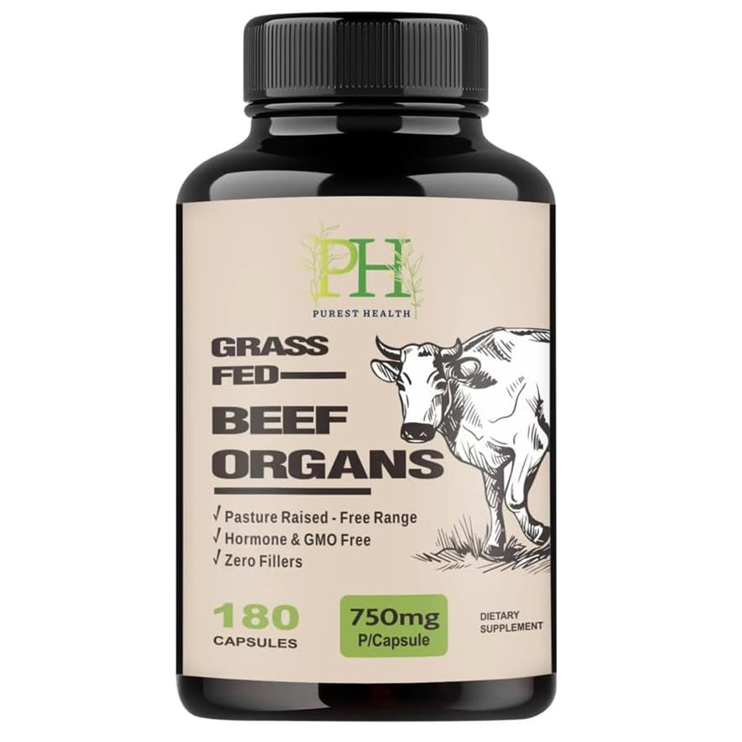 Purest Health Grass Fed Beef Organs - 180 Capsules
