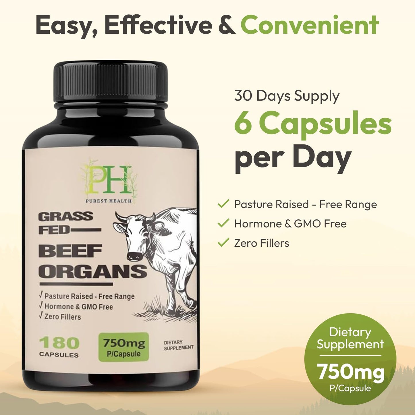 Purest Health Grass Fed Beef Organs - 180 Capsules